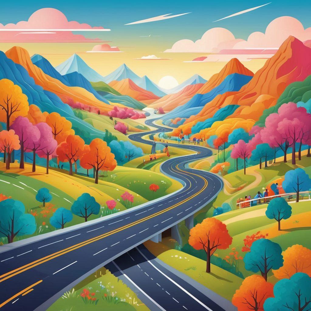 An illustration of a winding road symbolizing a health journey, with signposts indicating various insurance coverage options like 'Preventive Care', 'Emergency Services', and 'Specialist Visits'. The background features vibrant landscapes representing wellness and care, with people of diverse backgrounds engaging actively in healthy activities. Bright and inviting colors to promote positivity in health choices. flat design. vibrant colors. 3D.