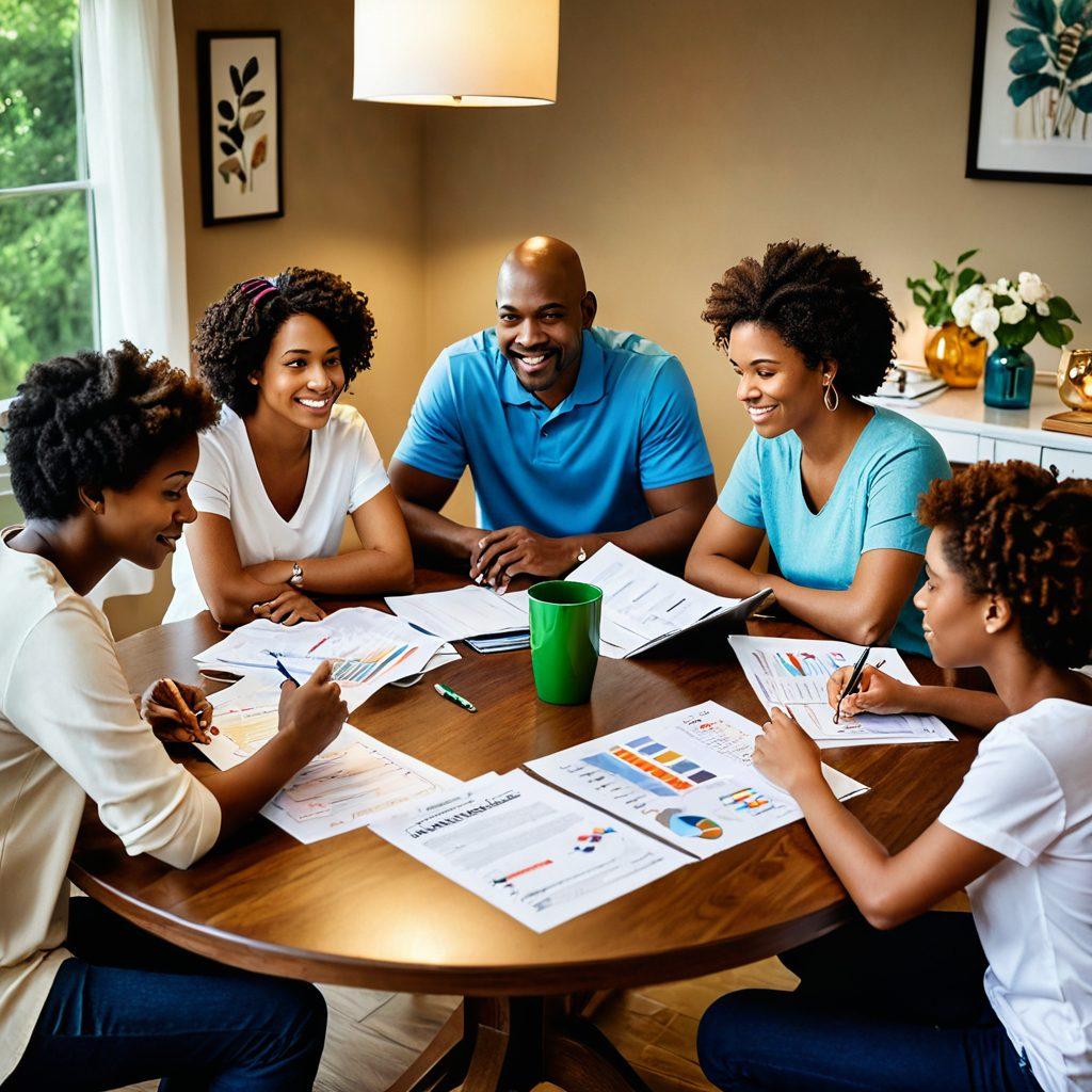 A warm and inviting family scene depicting diverse family members discussing health insurance options at a cozy dining table with documents spread out. Visual elements include medical symbols, dollar signs, and a laptop displaying insurance plans. Soft lighting enhances the comfort and togetherness of the moment. super-realistic. vibrant colors. cozy ambiance.