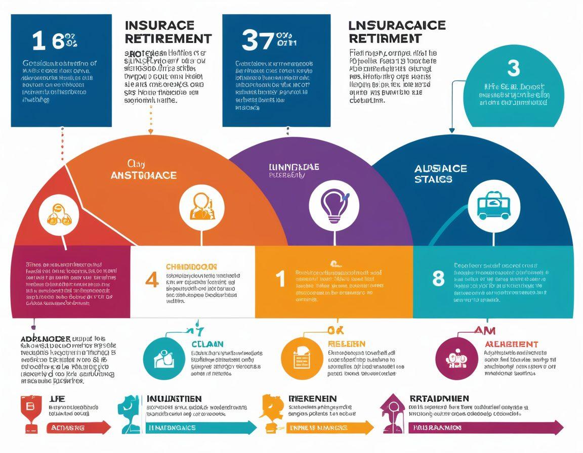 A visually engaging infographic showing various life stages: childhood, adolescence, adulthood, and retirement, each featuring relatable scenarios (like education, family, and health), with insurance policy icons around them. Incorporate a clear, flowing timeline to connect these stages, emphasizing key benefits at each point in life. Use bright, inviting colors to encourage exploration and understanding. vector art. vibrant colors. white background.